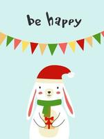 Hare In A Red Hat Is Holding A Gift. The Inscription BE HAPPY. Design for a New Year's card. Doodle. vector