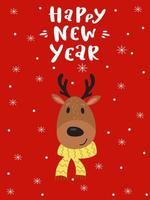 la inscripción feliz año nuevo y la cabeza de un ciervo en una bufanda. vector