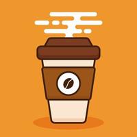 Hot coffee cup with lid and coffee bean icon logo. Concept of cafe beverage. Take away paper cup. Modern trendy cute object cartoon vector illustration. Flat style liner graphic design element.