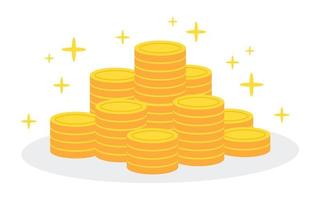 Pile or stack of golden money coins with sparkle isolated on white background Creative financial concept of wealth rich or savings Simple trendy cute cartoon object Free flat vector illustration