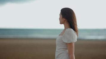 una linda chica asiática está caminando por la playa junto al mar video