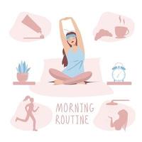 The girl is sitting on the bed in the morning stretching and yawning vector