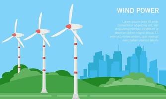 Flat vector illustration of a wind farm. Suitable for the design element of the campaign poster and website background for renewable and eco friendly energy.