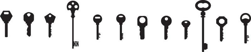 conjunto de siluetas negras de llaves de puerta. conjunto de iconos de llave. llave de la puerta antigua de la llave de la vendimia aislada en el fondo blanco. silueta de llaves y candado. ilustración vectorial