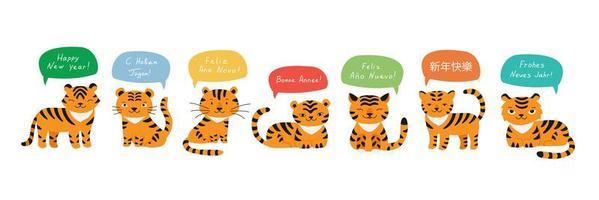 tigres feliz año nuevo saludos en diferentes idiomas vector