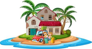 Couple in front of an abandon beach house on the island vector