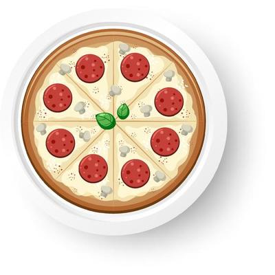 Top view of salami cheese pizza on white background
