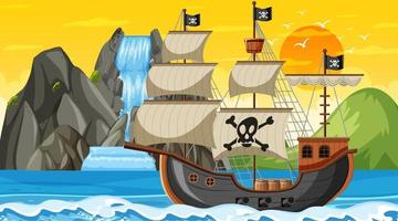 Océano con barco pirata en la escena del atardecer en estilo de dibujos animados vector