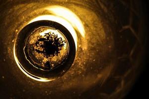 Close up of an antique orange glass lamp. There are dead bugs at the bottom of the lamp. Black background. photo