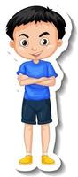 A boy wears blue t shirt cartoon character sticker vector