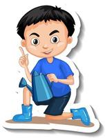 A boy holding watering can cartoon character sticker vector