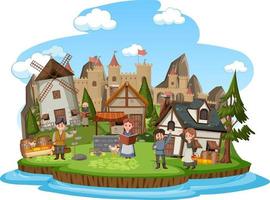 Medieval village with villagers on white background vector