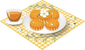 Pile of mooncakes with teacup set on tablecloth vector