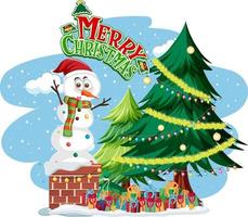 feliz navidad texto logo con muñeco de nieve y árbol de navidad vector