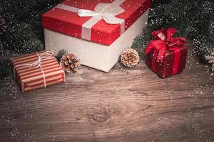 Christmas gift box decoration on wood table background. copy space. photo