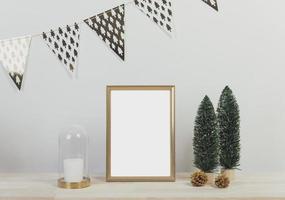 Christmas holiday greeting frame design mockup with decoration on wood table. photo