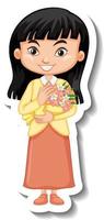 A girl holding flower bouquet cartoon character sticker vector