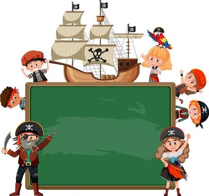 Empty blackboard with many pirate kids cartoon character