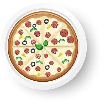 Top view of cheese salami pizza on white background