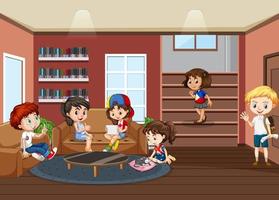 School library interior with children group vector