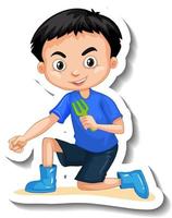 A boy holding gardening tool cartoon character sticker vector