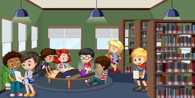 School library interior with children group vector