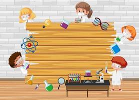 Empty wooden board with scientist kids cartoon character vector