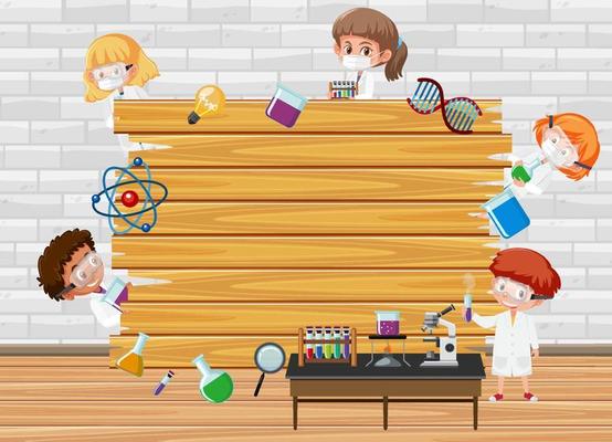 Empty wooden board with scientist kids cartoon character