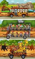 Set of different safari horizontal scenes with animals and kids cartoon character vector