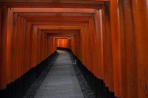 hermoso y pacífico santuario fushimi inari cerca de kyoto, japón. túnel de puertas torii rojas. foto