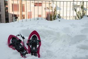 A terrace with plenty of snow and snow rackets after storm Filomena in Madrid 2021 photo