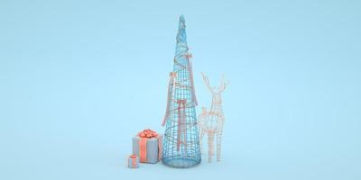 Ilustración mínima de árbol de navidad y ciervos con regalos sobre fondo azul render 3d foto