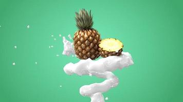 Piña con salpicaduras de líquido en fondo verde 3D Render foto