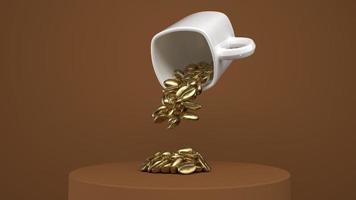 Taza con granos de café 3D Render en fondo marrón