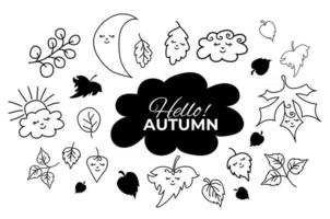 set of autumn drawings  Leaves moon and cloud with cute faces and closed eyes vector