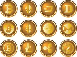 Icon set crypto currency button with golden lines vector