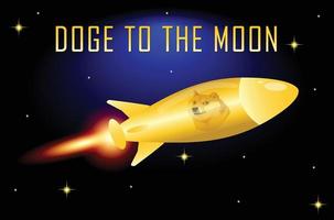 dogecoin a la luna con cohete en la ilustración de la galaxia vector