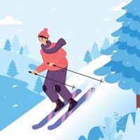 Hombre esquiar cuesta abajo en las montañas nevadas deportes de invierno
