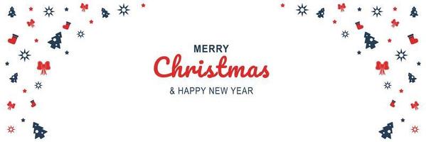 Merry Christmas and New Year 2022 poster. Xmas minimal banner design with trees, socks, bows, stars pattern and text on white background. Horizontal web header. Vector illustration for greeting card