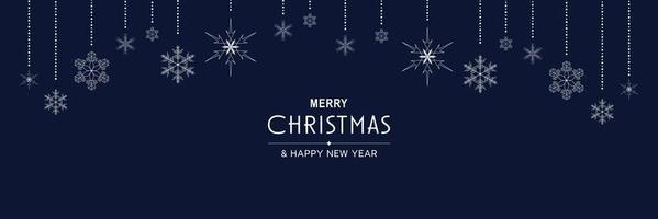 Merry Christmas and New Year 2022 poster. Xmas minimal banner design with hanging snowflakes and text on blue background. Horizontal festive header of website. Vector illustration for greeting card