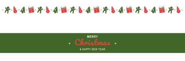 Merry Christmas and New Year 2022 poster. Xmas minimal banner with holiday symbols border and text on white background. Horizontal header of website. Vector illustration for greeting card design