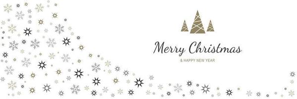 Merry Christmas and New Year 2022 poster. Xmas minimal banner with holiday symbols of festive trees, stars pattern border and text on white background. Vector illustration for greeting card design