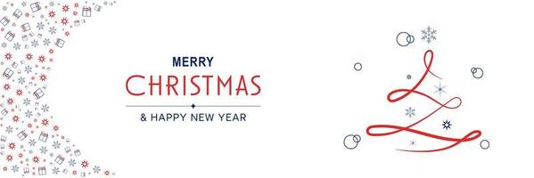 Merry Christmas and New Year 2022 poster. Xmas minimal banner with line tree and abstract pattern border and text on white background. Horizontal web header. Vector illustration for greeting card