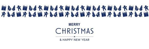 cartel de feliz navidad y año nuevo 2022. Banner mínimo de Navidad con patrón azul con muñecos de nieve, árboles, regalos, pan de jengibre y texto sobre fondo blanco. ilustración vectorial para el diseño de tarjetas de felicitación vector