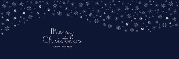 Merry Christmas and New Year 2022 poster. Xmas minimal banner with white snowflakes pattern border and text on blue background. Horizontal website header. Vector illustration for greeting card design