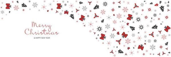 cartel de feliz navidad y año nuevo 2022. Banner mínimo de Navidad con árboles, copos de nieve, borde de patrón de estrellas y texto sobre fondo blanco. encabezado web horizontal. ilustración vectorial para tarjeta de felicitación vector