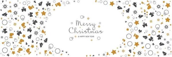 Merry Christmas and New Year 2022 poster. Xmas minimal banner design with trees, stars, bows, socks pattern and text on white background. Horizontal web header. Vector illustration for greeting card