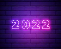 2022 neon signboard. Happy New Year. Realistic pink neon numbers on dark brick wall. Vector 2022 in neon linear style.