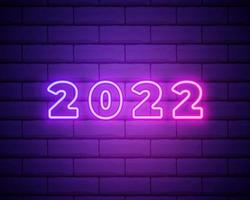 2022 neon signboard. Happy New Year. Realistic pink neon numbers on dark brick wall. Vector 2022 in neon linear style.