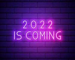 2022 neon signboard. Happy New Year. Realistic pink neon numbers on dark brick wall. Vector 2022 in neon linear style.